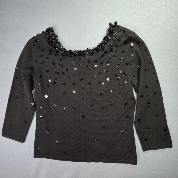 Talbots Sweater Women M Black Beaded Sequin Silk Blend Hollywood Glam Holiday - Picture 7 of 11